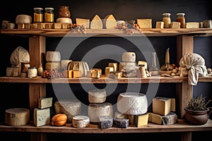 variety of cheese types maturing on oak shelves