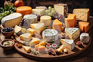 Variety of Cheeses on Rustic Wooden Plate