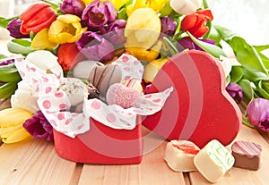 Variety of chocolates in heartshaped box