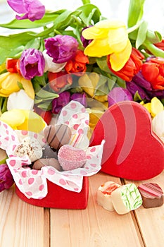 Variety of chocolates in heartshaped box