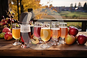 variety of ciders displayed on a wooden surface outdoors