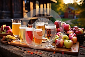 variety of ciders displayed on a wooden surface outdoors
