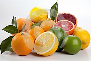 Variety of citrus fruits. Orange, lime, lemon, sicilian orange isolated on white background. Generative AI