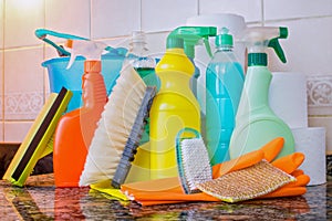 Variety of cleaning articles on a countertop