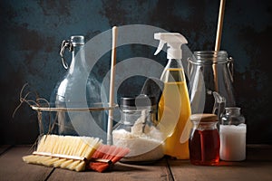 a variety of cleaning supplies, from mops and brooms to sprays and dusters