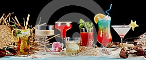 Variety of cocktails on black background