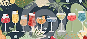 Variety of cocktails in flat style. This collection features a range of classic alcoholic and non-alcoholic beverages in