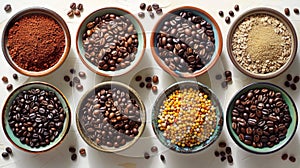 Variety of coffee beans and grains in bowls - generative ai