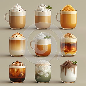 variety of coffee and milk cold drinks