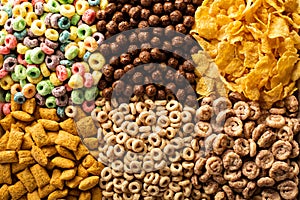 Variety of cold cereals overhead