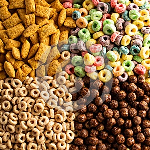 Variety of cold cereals overhead