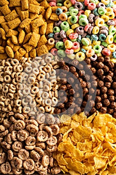 Variety of cold cereals overhead