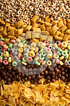 Variety of cold cereals overhead