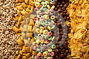 Variety of cold cereals overhead photo