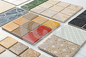 Colored ceramic tile samples for kitchen or bathroom