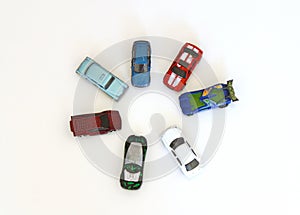 Variety of colorful cars on white background, flat lay.
