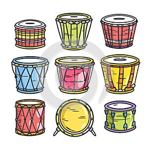 Variety colorful cartoon drums handdrawn isolated. Assorted percussion instruments design vibrant