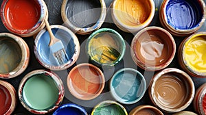 A variety of colorful ceramic paints and brushes perfect for disguising any unsightly patches on a repaired piece. photo