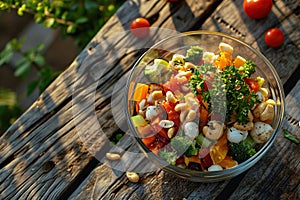 A variety of colorful chopped vegetables in a bowl on a wooden table. Healthy raw food with nuts and vegetables.