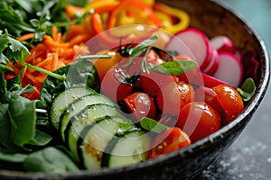 A variety of colorful chopped vegetables in a bowl on a wooden table. Healthy raw food with nuts and vegetables.