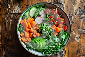 A variety of colorful chopped vegetables in a bowl on a wooden table. Healthy raw food with nuts and vegetables.