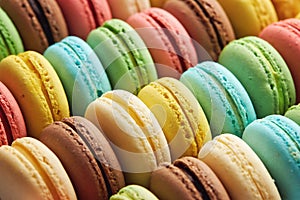 Variety of colorful french sweet dessert macarons with different fillings.