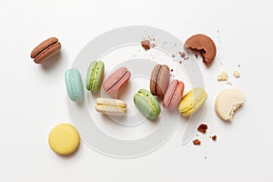 Variety of colorful french sweet dessert macarons with different fillings