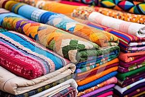 a variety of colorful homemade quilts