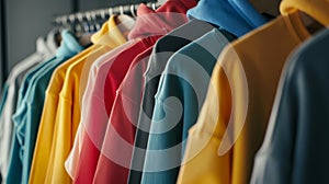 A variety of colorful hoodies and sweatshirts hanging on hangers in a clothing store, Ai Generated