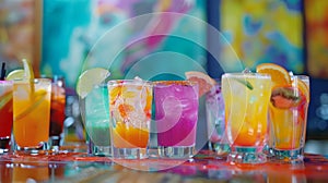 A variety of colorful mocktails adorning a table each one representing a different aspect of the painting being taught photo