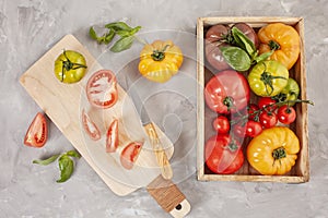 Variety of colorful organic tomatoes. Healthy food concept