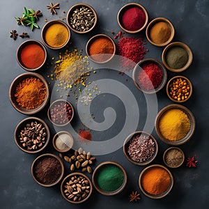 A variety of colorful spices and herbs displayed in bowls, Ai-Generated Images