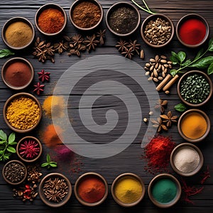 A variety of colorful spices and herbs displayed in bowls on a dark wooden surface, Ai-Generated Images