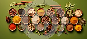 Variety of colorful spices, seasonings and herbs in bowls on a green backdrop. Top view. Concept of cooking ingredients