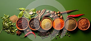 Variety of colorful spices, seasonings and herbs in bowls on green backdrop. Top view. Concept of cooking ingredients