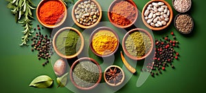 Variety of colorful spices, seasonings and herbs in bowls on a green background. Top view. Concept of cooking