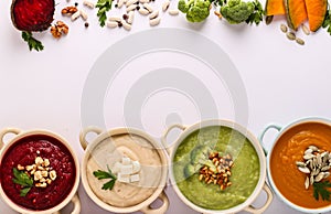 Variety of colorful vegetables cream soup: with broccoli, white beans, beets, and pumpkins,ingredients for soup, healthy eating