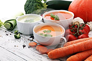 Variety of colorful vegetables cream soups and ingredients for s