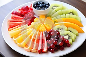 a variety of colourful, cut fruits on a white plate