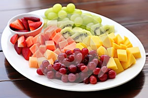 a variety of colourful, cut fruits on a white plate