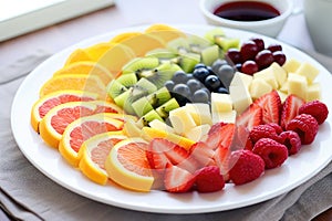 a variety of colourful, cut fruits on a white plate