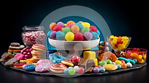 Variety Of Confectionery On Dark Background, Sweet Tooth's Paradise. Generative AI