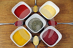 Variety of cooking spices on spoons and in dishes