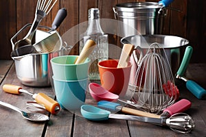 a variety of cooking utensils, including whisks, spatulas, and measuring cups