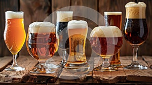 Variety of Craft Beer Glasses on Wooden Background