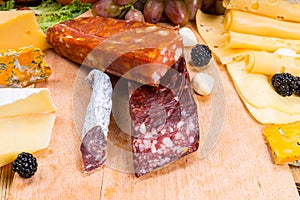 Variety of Cured Meats and Cheeses on Wooden Board