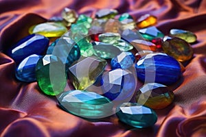 variety of cut and polished opals on a velvet cloth