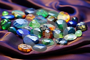 variety of cut and polished opals on a velvet cloth