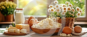 Variety of dairy products including cheese, eggs, and milk, alongside a basket of fresh daisies.