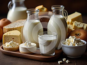A variety of dairy products. Milk in glass decanters, cheese, cottage cheese and freshly baked bread. photo